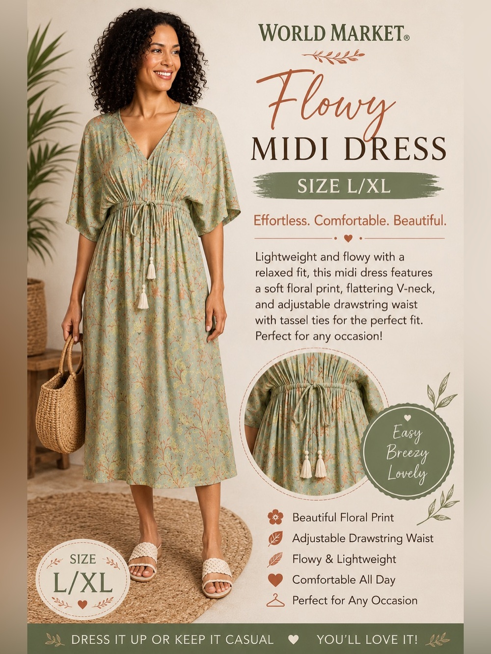 World Market Sage Floral Drawstring Midi Dress size large